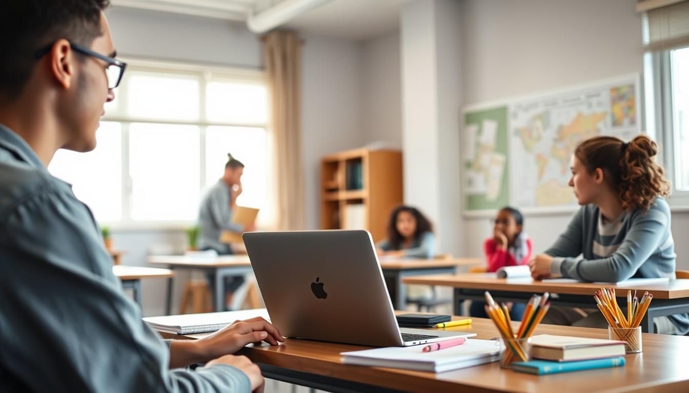 Students studying together in modern classroom